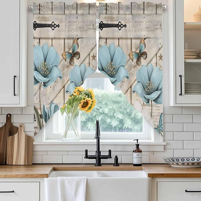Teal Blue Tulips Swag Valances for Windows, Spring Floral Barn Doors Vintage Wood Beige Rod Pocket Kitchen Curtains Valance, Kitchen Window Curtains Swag for Cafe Living Room, 2 Panels, 36x45 inch