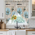 Teal Blue Tulips Swag Valances for Windows, Spring Floral Barn Doors Vintage Wood Beige Rod Pocket Kitchen Curtains Valance, Small Window Curtains Swag for Cafe Living Room, 2 Panels, 28x36 inch