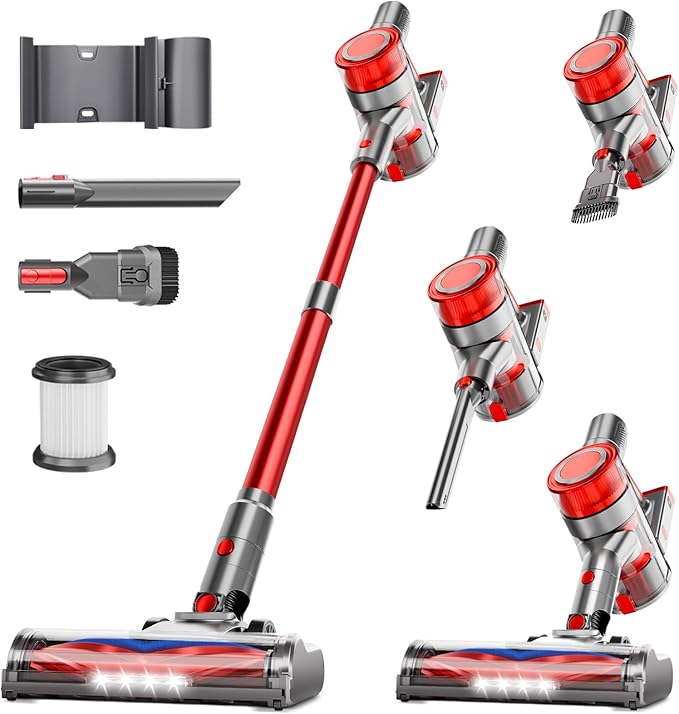 Cordless Vacuum Cleaner, Powerful Stick Vacuum Cleaner for Home with Rechargeable Battery, 6-in-1 Lightweight Handheld Vacuum, 45 Mins Runtime for Hardfloor & Carpets Pet Hair (red)