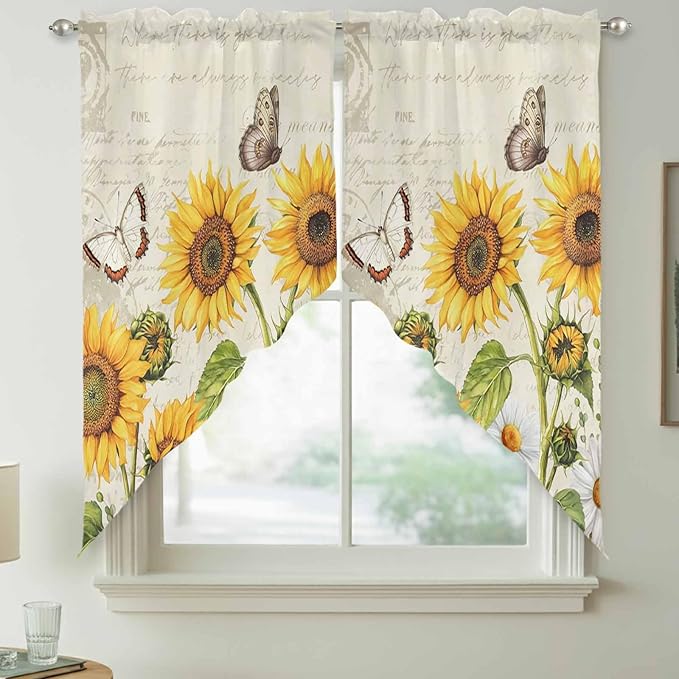 Farm Sunflowers Swag Valances for Windows, Retro Flowers Butterfly Botanical Beige Rod Pocket Kitchen Curtains Valance, Small Window Curtains Swag for Cafe Bathroom Living Room, 2 Panels, 28x36 inch