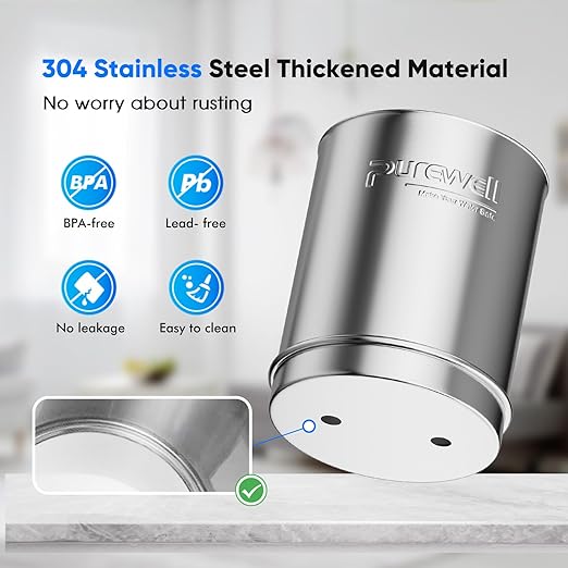 Purewell 3-Stage 0.01μm Ultra-Filtration Gravity Water Filter System, NSF/ANSI 42&372 Certification, 304 Stainless Steel Countertop System with 2 Filters and Stand, Reduce 99% Chlorine, 2.25G, PW-OB
