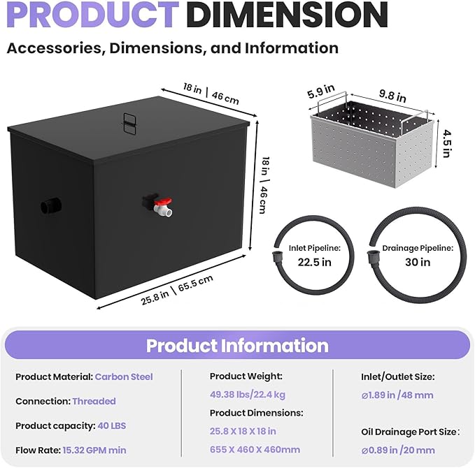 40 LBS Commercial Grease Trap Carbon Steel Interceptor, 15 GPM Flow Rate Under Sink Design, Dual Filter Tube for Restaurant Home Kitchen Food Processing Plant Wastewater Separation
