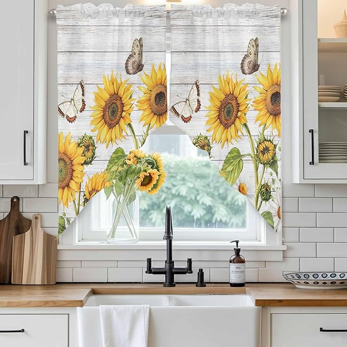 Yellow Sunflowers Swag Valances for Windows, Vintage Country Flowers Butterfly Wood Board Rod Pocket Kitchen Curtains Valance, Small Window Curtains Swag for Cafe Living Room, 2 Panels, 28x36 inch
