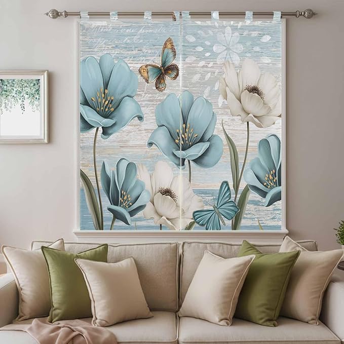 Spring Floral Bathroom Curtains 63 Inch Length, Window Curtains Tab Top, Vintage Tulips Flower Butterfly Retro Wood Blue Light Filtering Window Treatments Drapes 52"x63" 2 Panel