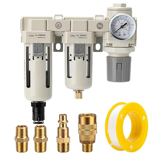 Air Filter Dryer 3/8 NPT Auto Drain+Semi-Auto Drain-Double Air Filters,Air Pressure Regulator,Air Compressor Water Separator(0-150PSI)