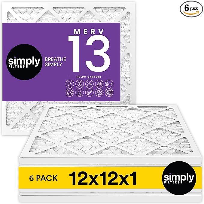 Simply 12x12x1 Air Filter, Merv 13, 6 Pack, For Home AC Furnace & HVAC (Actual Size: 11.75"x11.75"x0.75") DUST, Pet, & Allergy Control