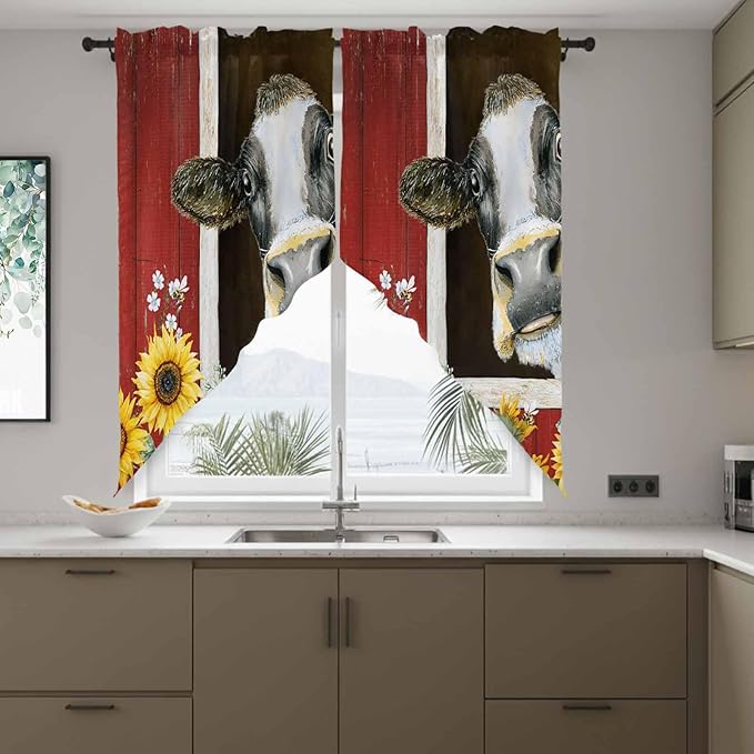 Cows Sunflowers Swag Valances for Windows, Rustic Farms Barns Flowers Bees Animals Rod Pocket Kitchen Curtains Valance, Small Window Curtains Swag for Cafe Bathroom Living Room, 2 Panels, 28x36 inch