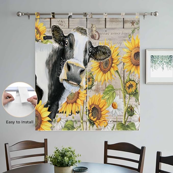 Yellow Sunflowers Bedroom Curtains 72 Inch Length, Window Curtains Tab Top, Farmhouse Cow Barn Doors Floral Butterfly Light Filtering Window Treatments Drapes 52"x72" 2 Panel