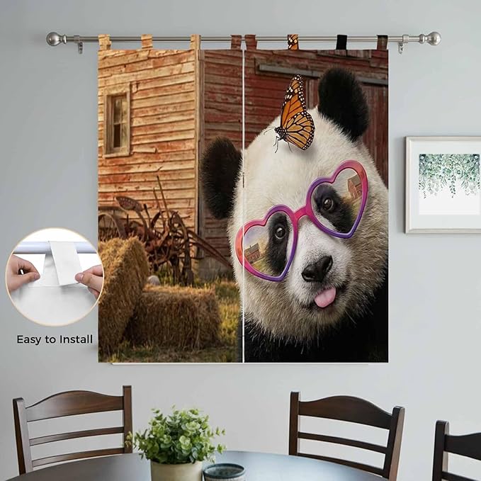 Farm Panda Bedroom Curtains 72 Inch Length, Window Curtains Tab Top, Farmhouse Barn Funny Animals Butterfly Light Filtering Window Treatments Drapes 52"x72" 2 Panel