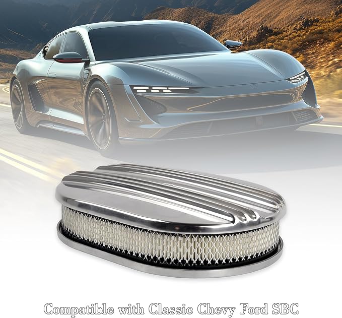 12" Air Cleaner Kit Polished Aluminum Oval Half Finned Compatible with Classic Chevy Ford SBC 350