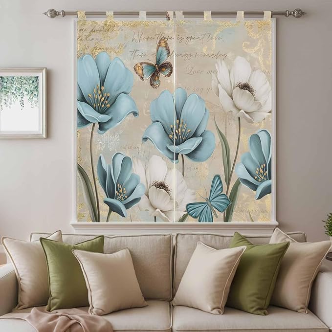 Spring Flowers Bathroom Curtains 63 Inch Length, Window Curtains Tab Top, Vintage Rustic Tulips Floral Butterfly Khaki Light Filtering Window Treatments Drapes 52"x63" 2 Panel