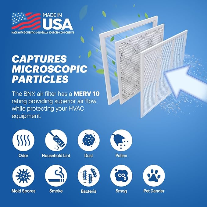 BNX TruFilter 20x24x1 MERV 10 (6-Pack) AC Furnace Air Filter - MADE IN USA - Pleated Air Conditioner HVAC AC Furnace Filters - Removes Odor, Mold, Bacteria, Smoke