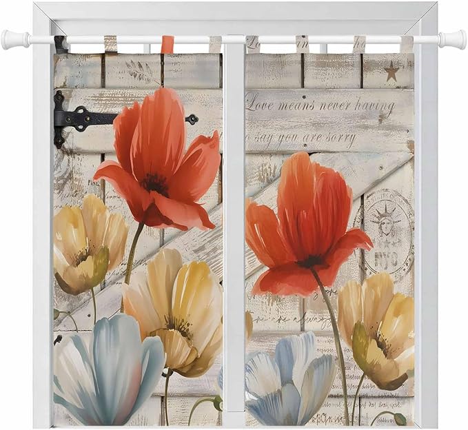 Retro Floral Bathroom Curtains 63 Inch Length, Window Curtains Tab Top, Red Yellow Tulips Barm Doors Farmhouse Wooden Light Filtering Window Treatments Drapes 52"x63" 2 Panel