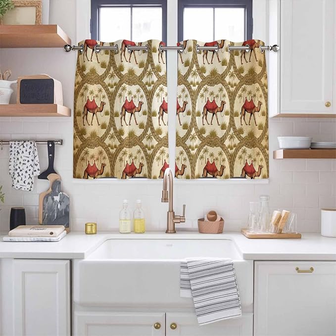 2 Panel Kitchen Cafe Curtains, Brown Desert Camels Sunlight Filtering Nature Air Through, Window Decor Tier Curtains for Living Room 104W x 52L inch Tropical Date Coconut Trees Cords Leaves