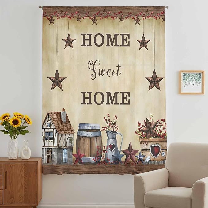 Farm Sheer Curtains 108 Inch Length American Country Barn Star Vintage Berry Brown Chiffon Curtain for Bedroom Living Room Light Filtering Rod Pocket Window Treatments Voile Curtains Drapes for Dining
