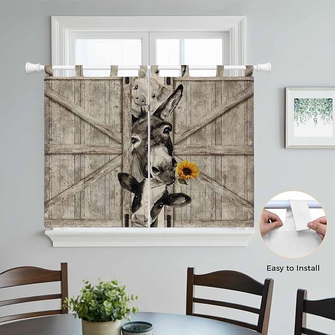 Funny Farm Animals Kitchen Curtains 45 Inch Length, Short Cafe Window Curtains Tab Top, Vintage Barn Brown Sunflowers Light Filtering Window Treatments Tier Drapes 27.5"x45" 2 Panel
