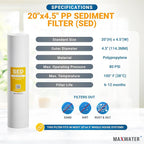 Max Water 1 Micron 20 x 4.5 Sediment Filter - Whole House BB Water Filtration System Replacement Cartridge Compatible with DGD-5005-20, AP810-2, FP25B, SDC-45-2005, 4 Pack