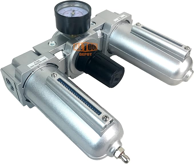 3/4" NPT HEAVY DUTY Compressed Air In Line Filter Regulator Lubricator Oiler Combo, Metal Bowl, 5 Micron Element, Adjustable From 7 to 215 PSI (MANUAL DRAIN)