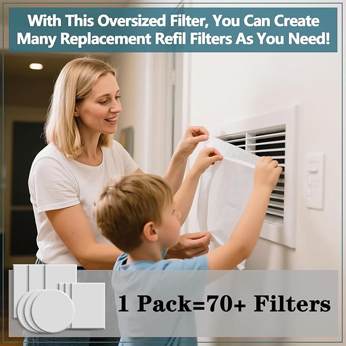 MERV 8 Filter Material, 23 Ft² Cut to Fit Air Filter Material for Captures Dust and Pet Dander as Small as 1.0 Microns. With Adhesive Hook Tape, Suitable for Ceiling and HVAC Furnace Vents