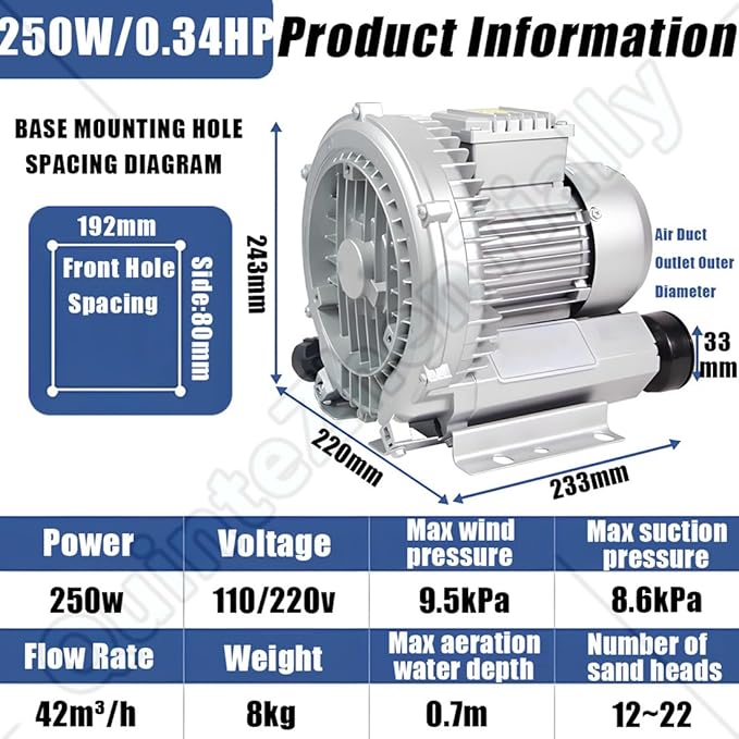 Vortex Ring Regenerative Blower,Single Phase High-Pressure Industrial Vacuum Pump,Electric Air Pump,for Industrial Applications,Construction Sites,Fish Pond Aeration 250W/0.34HP