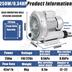 Vortex Ring Regenerative Blower,Single Phase High-Pressure Industrial Vacuum Pump,Electric Air Pump,for Industrial Applications,Construction Sites,Fish Pond Aeration 250W/0.34HP