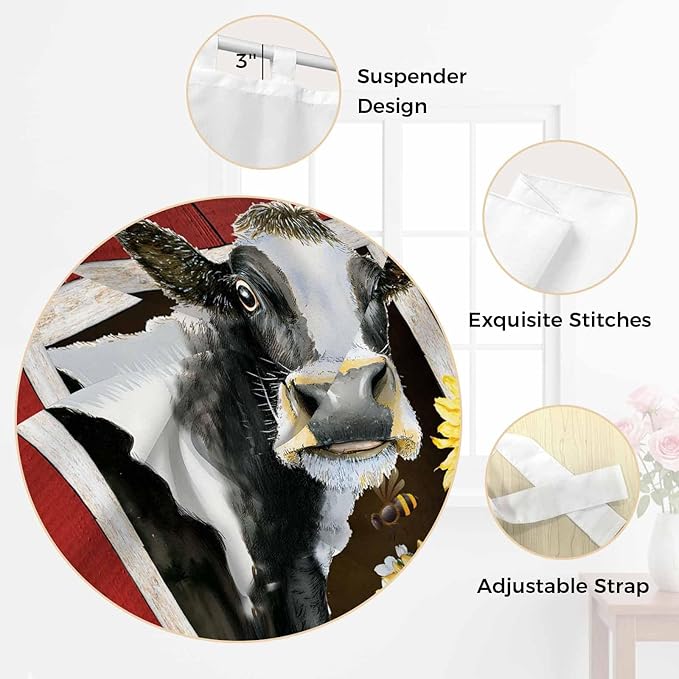 Cows Sunflowers Bedroom Curtains 72 Inch Length, Window Curtains Tab Top, Spring Botanical Floral Bees Red Barn Light Filtering Window Treatments Drapes 52"x72" 2 Panel