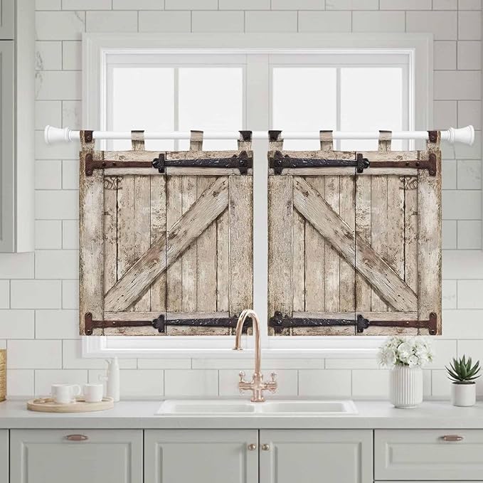 Farmhouse Wood Grain Kitchen Curtains 24 Inch Length, Small Window Curtains Tab Top, Vintage Country Barn Gate Brown Light Filtering Short Window Treatments Tier Drapes 27.5"x24" 2 Panel