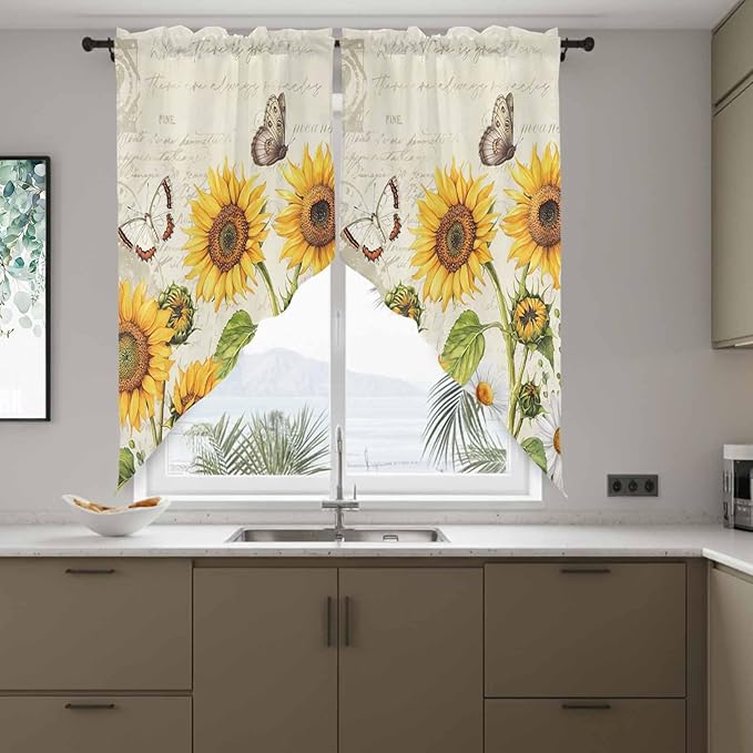 Farm Sunflowers Swag Valances for Windows, Retro Flowers Butterfly Botanical Beige Rod Pocket Kitchen Curtains Valance, Small Window Curtains Swag for Cafe Bathroom Living Room, 2 Panels, 28x36 inch