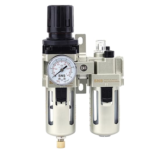 SNS 3/8" NPT Compressed Air Filter Regulator Lubricator Two Units Combo FRL Water/Oil Trap Separator, Semi-auto Drain, Gauge and Bracket, Poly Bowl with Metal Guard AC3010-N03A