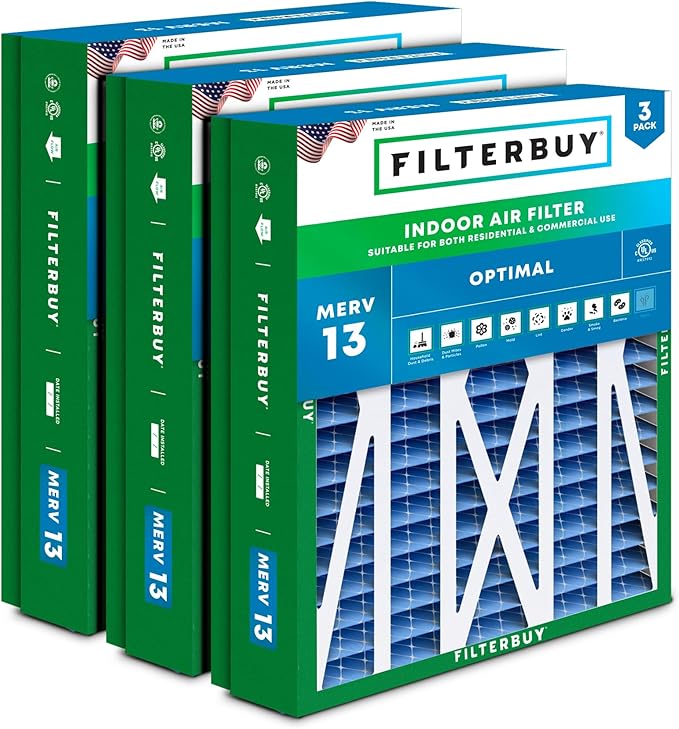 Filterbuy 24.5x27x5 Air Filter MERV 13 Optimal Smoke & Allergy Defense (3-Pack), Pleated HVAC AC Furnace Filters for Trane, American Standard, Honeywell, and More (Actual Size: 24.06 x 26.13 x 4.97)