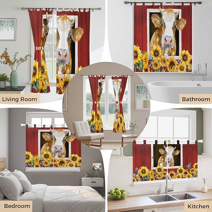 Cows Sunflowers Living Room Curtains 84 Inch Length, Window Curtains Tab Top, Spring Floral Bees Farmhouse Barn Light Filtering Window Treatments Drapes 42"x84" 2 Panel