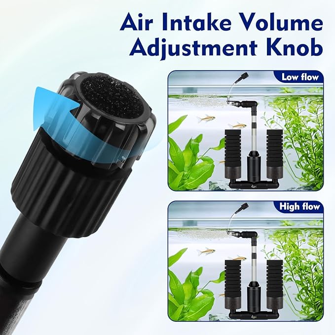 AQQA Electric Sponge Filter for Aquarium – Quiet USB Powered Breeding & Shrimp Filter with Bio Ceramic Media, Adjustable Air Intake & 360° Rotatable Outflow (110V Adapter Included) (S)