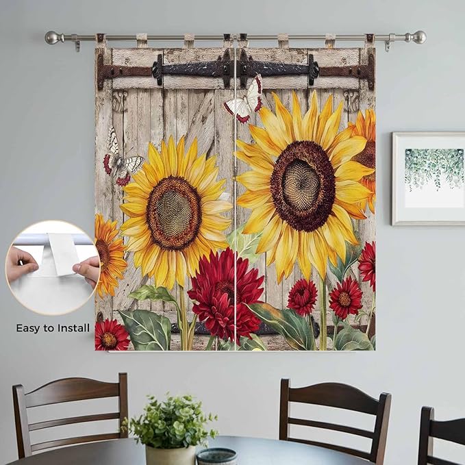 Sunflowers Living Room Curtains 84 Inch Length, Window Curtains Tab Top, Retro Flower Barn Doors Butterfly Farmhouse Brown Light Filtering Window Treatments Drapes 42"x84" 2 Panel