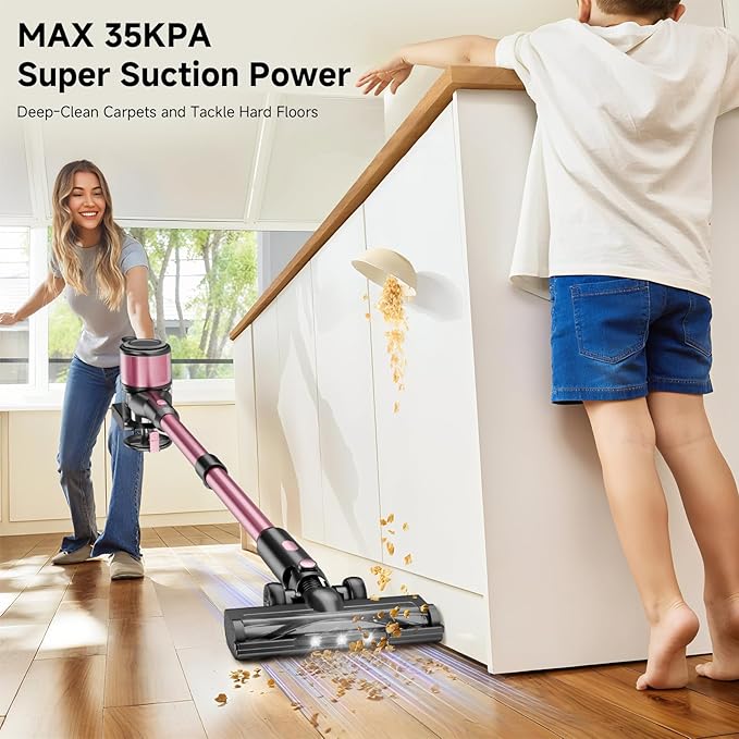 Cordless Vacuum Cleaner, 38Kpa Powerful Stick Vacuum Cleaner with 45mins Rechargeable Battery, LED Anti-Tangle Brush, 8-in-1 Handheld Vacuum Cleaners for Home/Pet Hair/Carpets/Floors, N506