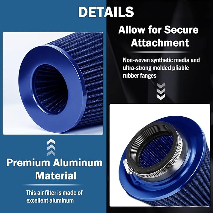 Universal Clamp-On Air Intake Filter, High Performance, Washable Filter, Replacement Air Filter, Flange Diameter 3.5inch/89mm (Blue)
