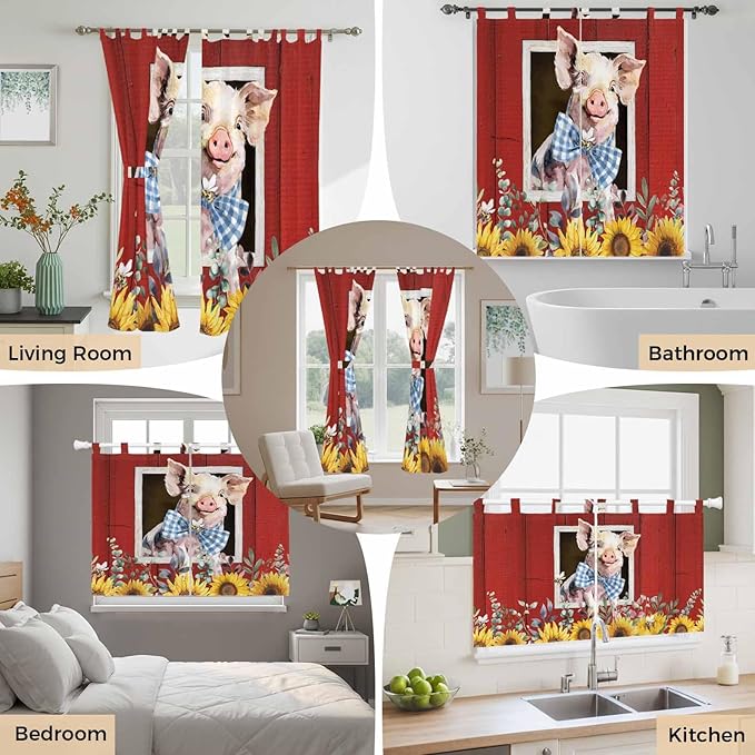 Pig Sunflowers Living Room Curtains 96 Inch Length, Window Curtains Tab Top, Eucalyptus Leaves Floral Bees Red Barn Light Filtering Window Treatments Drapes 52"x96" 2 Panel
