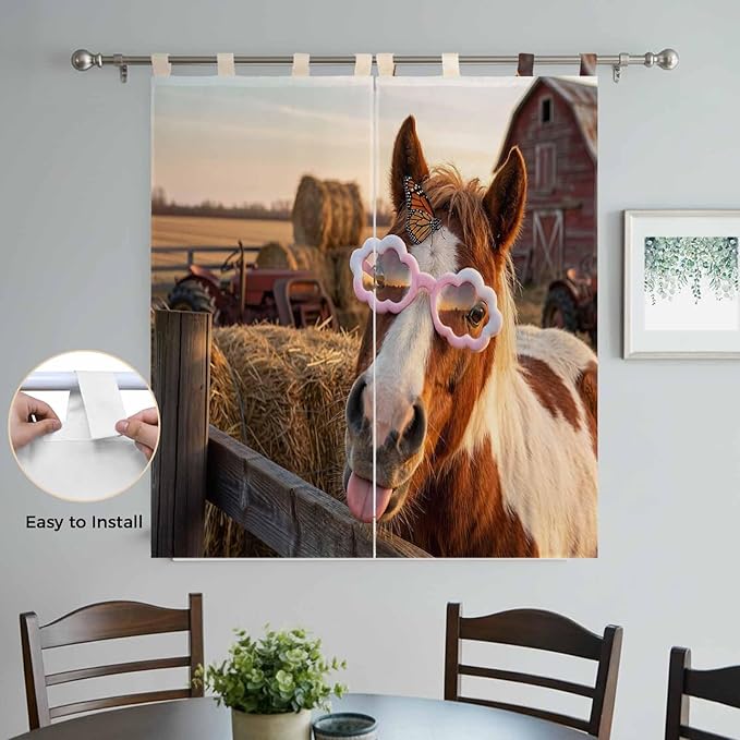 Farm Horses Bedroom Curtains 72 Inch Length, Window Curtains Tab Top, Farmhouse Barn Funny Animals Butterfly Light Filtering Window Treatments Drapes 52"x72" 2 Panel