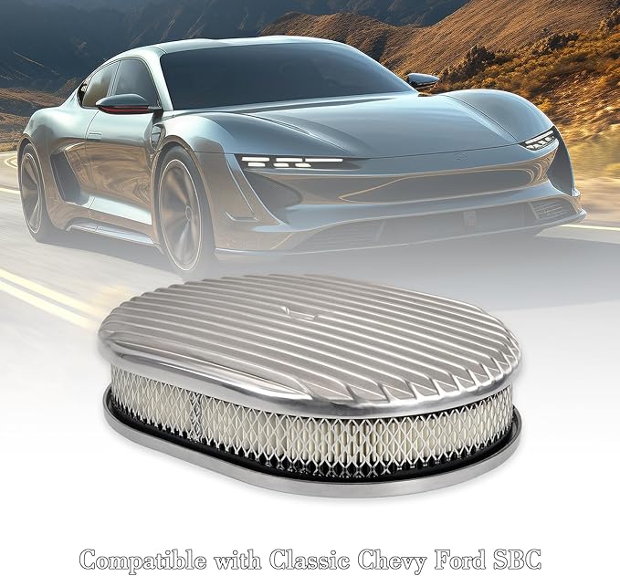 12" Air Cleaner Kit Polished Aluminum Classic Nostalgia Oval Fully Finned Compatible with Classic Chevy Ford 5-1/8” Carb Holley Edelbrock