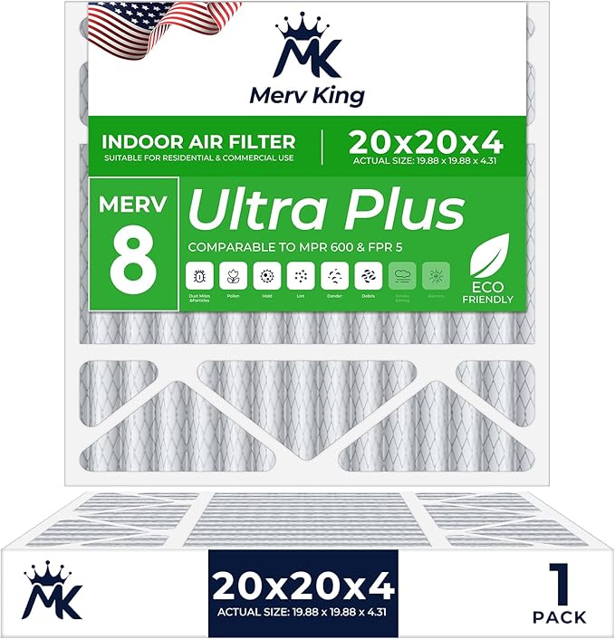 MervKing 20x20x4 Air Filter Actual Size: 19.88" x 19.88" x 4.31" MERV 8 MPR 600-700 | MADE IN USA | 1-Pack | Pleated HVAC AC Furnace Replacement