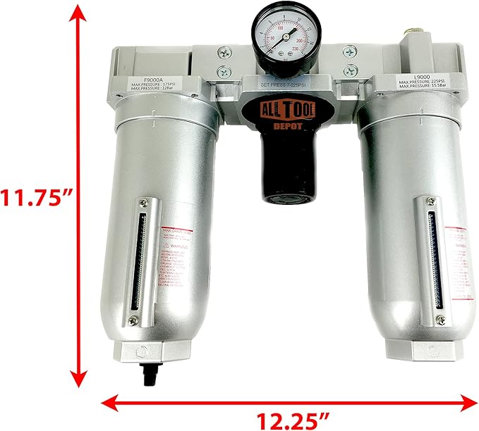 1" NPT SUPER DUTY Compressed Air In Line Filter Regulator Lubricator Oiler Combo, Metal Bowl, 5 Micron Element, Adjustable From 7 to 175 PSI (AUTO DRAIN)