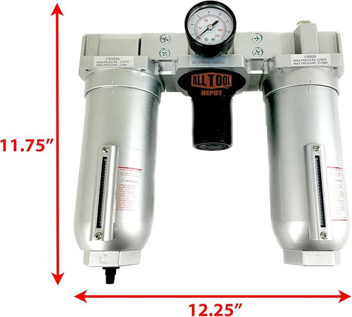 3/4" NPT SUPER DUTY Compressed Air In Line Filter Regulator Lubricator Oiler Combo, Metal Bowl, 5 Micron Element, Adjustable From 7 to 175 PSI (AUTO DRAIN)