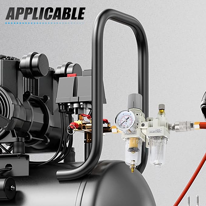 MEANLIN Air Compressor Moisture Filter, AC2010 Air Line Filter, 1/4" NPT Inlet with 150 PSI Gauge and Valve Shut Off Switch for Air Tools and Spray Paint Gun