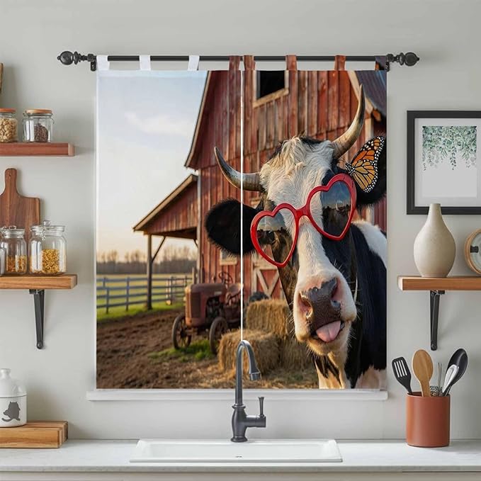 Farm Cows Bathroom Curtains 63 Inch Length, Window Curtains Tab Top, Farmhouse Barn Funny Animals Butterfly Light Filtering Window Treatments Drapes 52"x63" 2 Panel