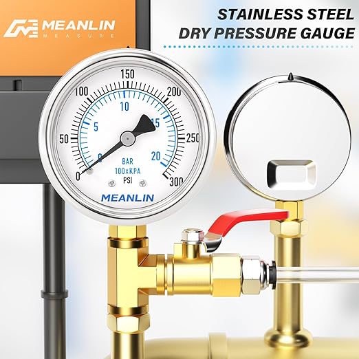 MEANLIN MEASURE 0~300Psi Dry Pressure Gauge Stainless Steel 1/8" NPT 2" FACE DIAL Waterproof for Air Compressor Air Regulator Water Filter Lower Mount, with 1/4" NPT and 3/8" NPT Hex Bushing