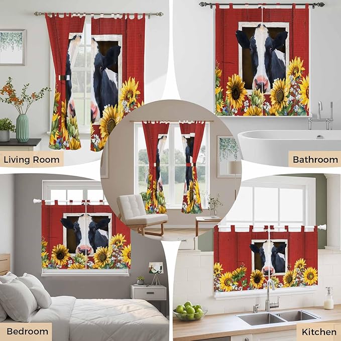 Cow Sunflowers Kitchen Curtains 36 Inch Length, Small Window Curtains Tab Top, Botanical Floral Leaves Bees Farm Barn Light Filtering Short Window Treatments Tier Drapes 27.5"x36" 2 Panel