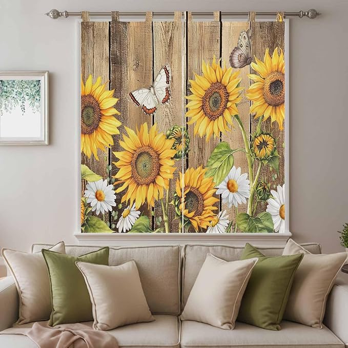 Farmhouse Sunflowers Bathroom Curtains 63 Inch Length, Window Curtains Tab Top, Rustic Floral Buttterfly Wood Board Brown Light Filtering Window Treatments Drapes 52"x63" 2 Panel