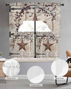 Village Stars Swag Kitchen Curtains Valance and Tier Set, Vintage Rust Yellow Star Berry Beige Barn Doors Light-Filtering Swag Valance 24 Inch Length, Rod Pocket Short Curtain for Bedroom Cafe