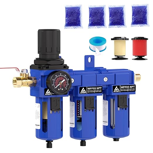 3/8 Inch NPT Three Stage Air Drying System,air Pressure Regulator with 5＆0.01 Micron Filter Cartridge，Desiccant Dryer & Air Regulator, Metal Bowl Manual Drainage-Blue