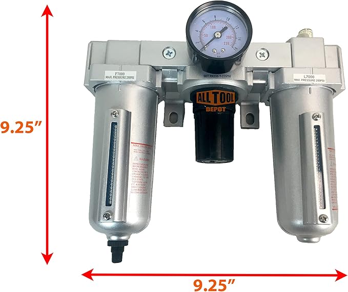 3/4" NPT HEAVY DUTY Compressed Air In Line Filter Regulator Lubricator Oiler Combo, Metal Bowl, 5 Micron Element, Adjustable From 7 to 175 PSI (AUTO DRAIN)