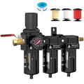 Three Stage Air Drying System, 1/2" NPT Air Dryer System Air Compressor Filter Dryer,5 &0.5 &0.01 Micron Filter Cartridge,Semi-Auto Drain,Metal Bracket-Blue